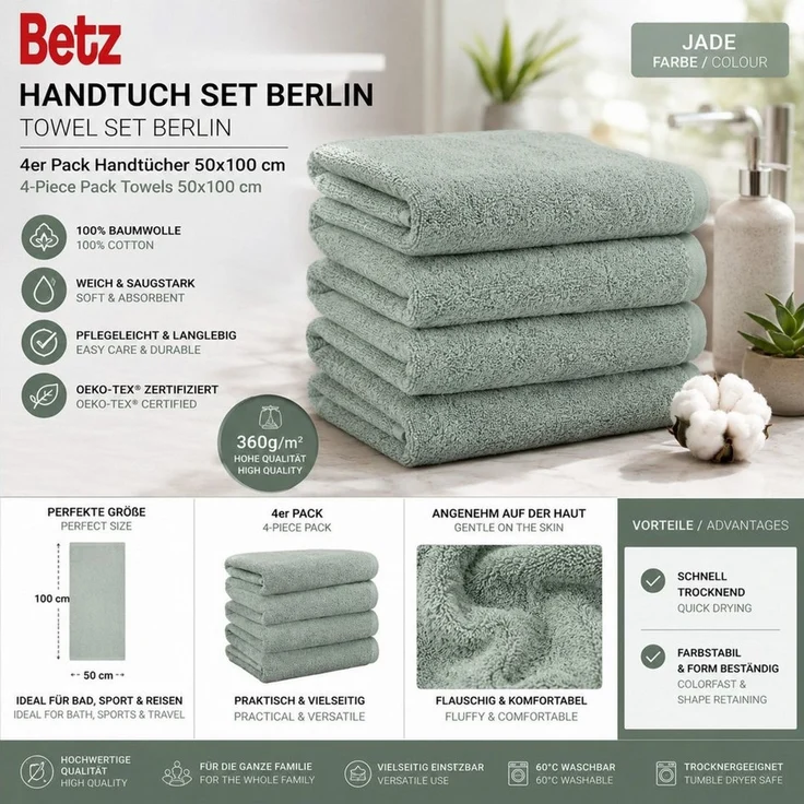 Betz Handtücher Berlin 4er Pack Handtuch-Set 50x100 cm, 100% Baumwolle – Bild 2