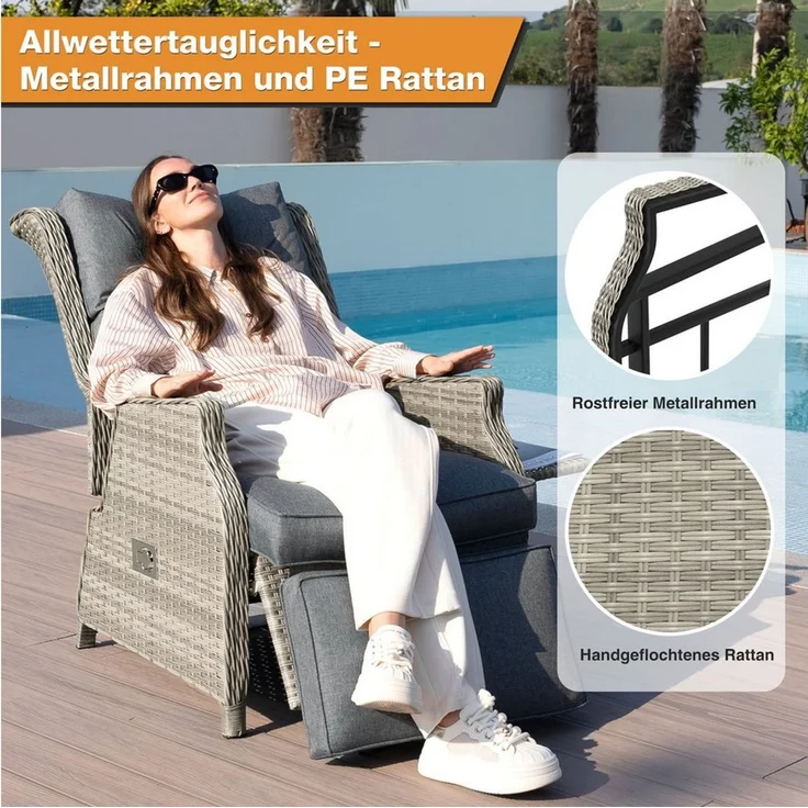 HOMECALL Rattanstuhl Gartensessel Indoor Verstellbar Liegestuhl Gartenliege balkonliege (Wetterfester Rahmen, klappbarem Beistelltisch und Fußstütze, 2 St), COMLAX FIELD – Bild 1