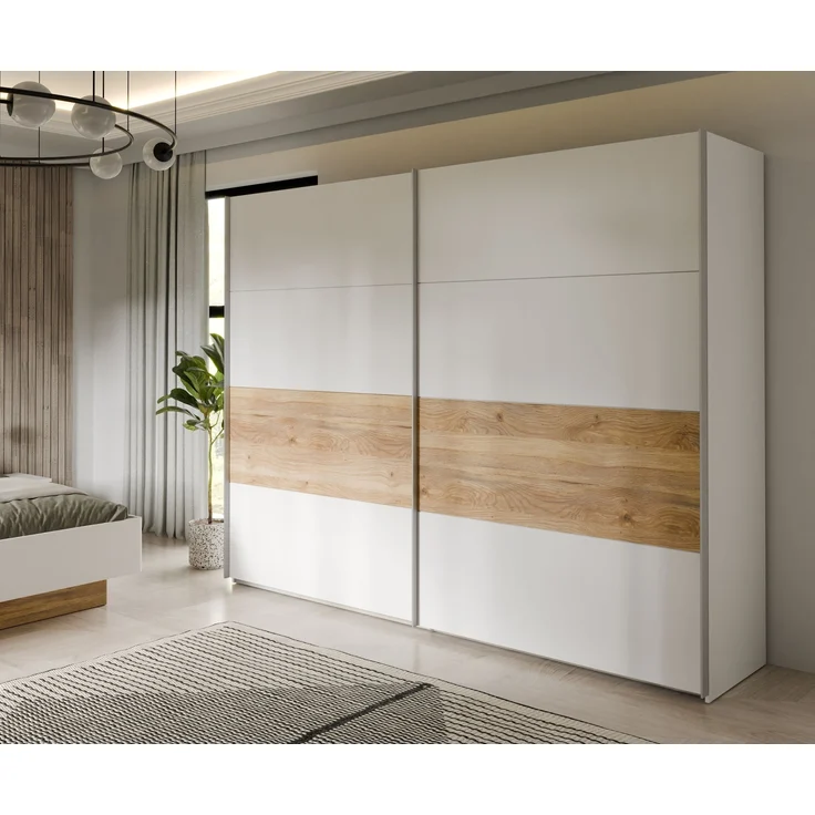 Schiebetürenschrank >MAYACUS< 3 Stangen, 3 Böden, weiß, Eiche Dekor - 269,9x210,5x61,2cm (BxHxT) – Bild 2