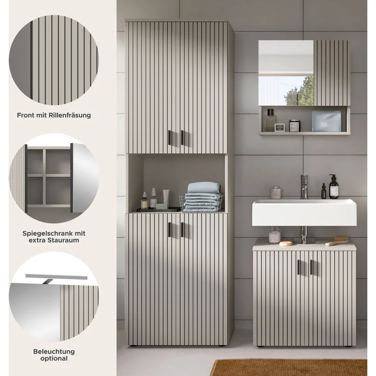 xonox. home – Badkombination Mone 135 x 192 x 30 cm in Kaschmir Nachbildung – 3-teiliges Set mit Badschrank, Waschbeckenunterschrank & Spiegelschrank – funktional & vielseitig kombinierbar – Bild 8