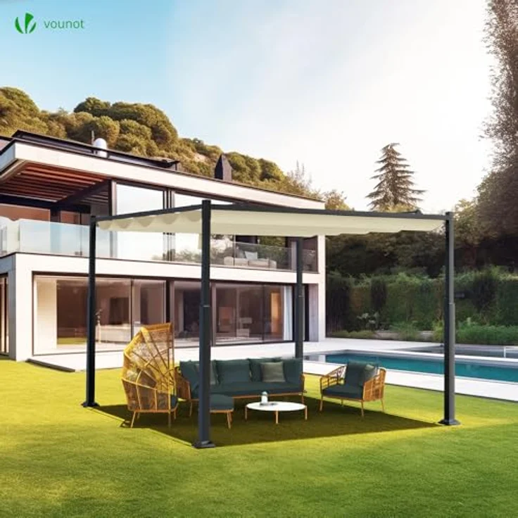 VOUNOT® Pergola Gartenpavillon 3x3 m Wasserdicht Stabil Winterfest, Metall Garten Pavillon mit freistehender Terrassenüberdachung, Sonnenschutz für Garten, Terrasse & Balkon, Dunkelbeige – Bild 3