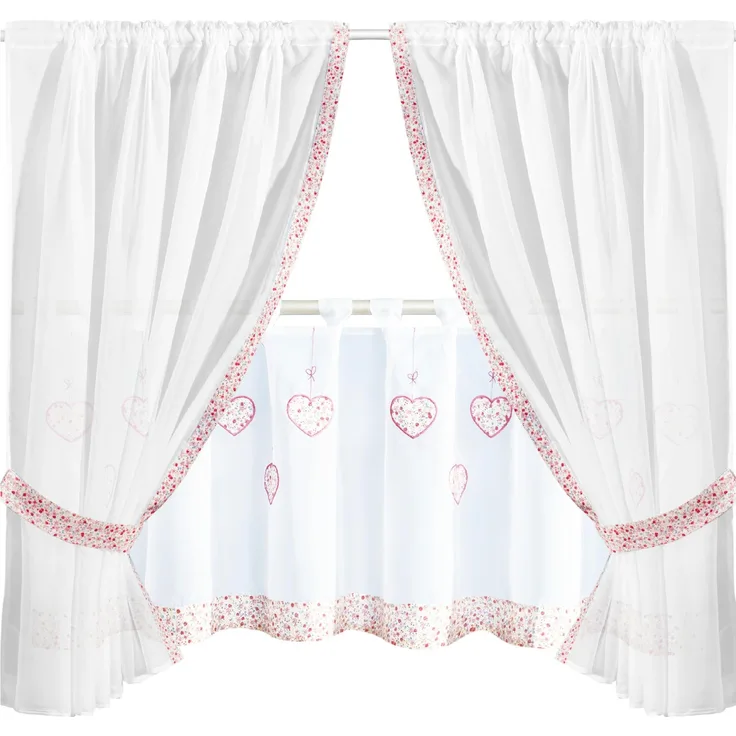 Gardinenset Voile mit Stangendurchzug Serie: Satin, Auswahl: bunt - Blumen 5-teilig