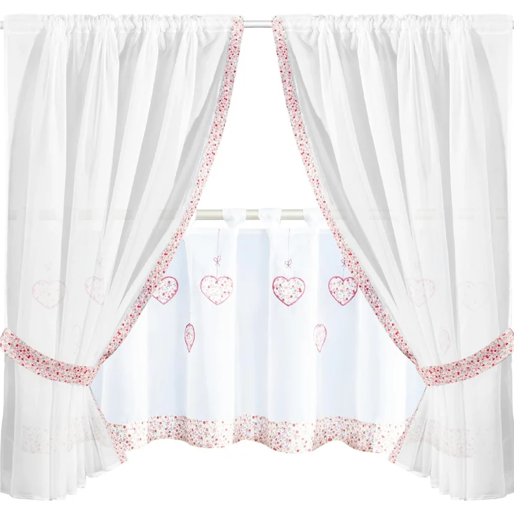 Gardinenset Voile mit Stangendurchzug Serie: Satin, Auswahl: bunt - Blumen 5-teilig – Bild 1