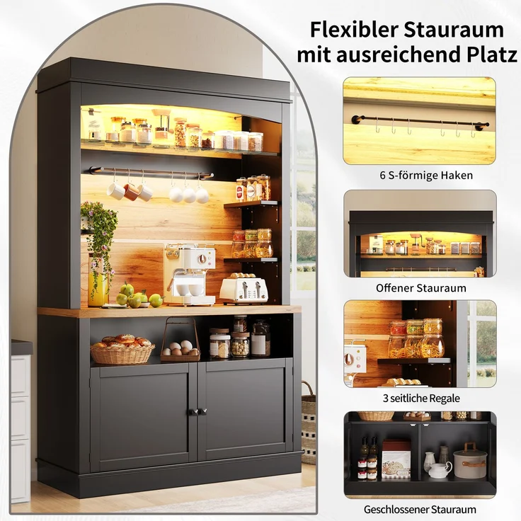 Küchenschrank, hoher Küchenschrank (107x43x184 cm), Vitrine, Anrichte, Anrichte mit LED-Beleuchtung, offenes Regal, schwarz--Schwarz--116.48x46x22.99cm--YOUDENOVA – Bild 10