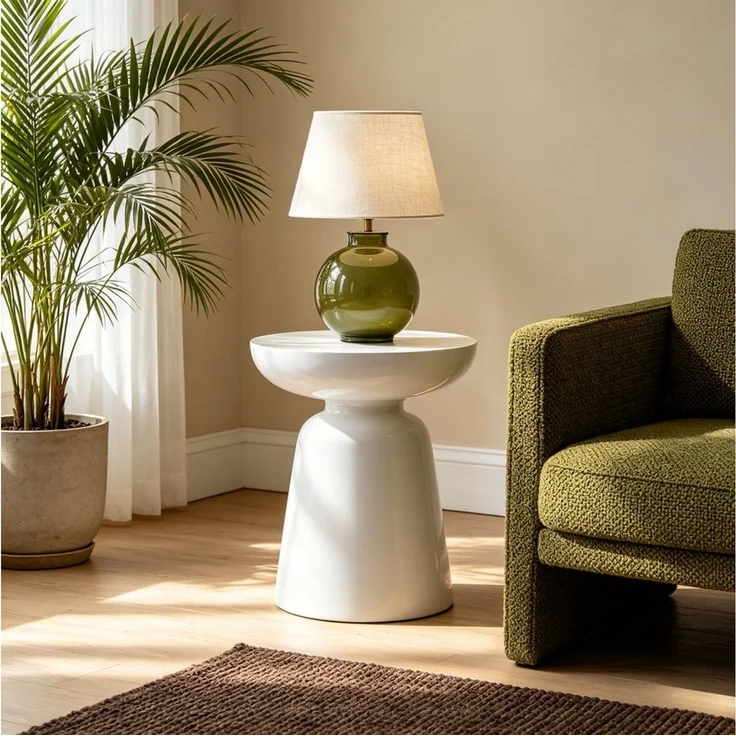 Round Accent Side Table with Bowl Top, Fiberglass with Sticker Finish, Modern Pedestal End Table for Living Room (White) – Bild 4