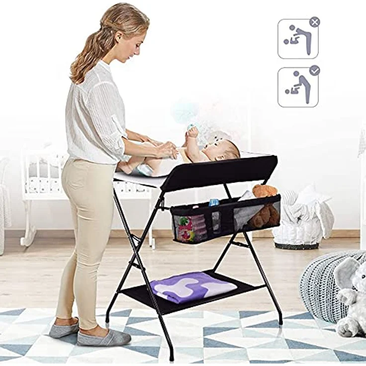 Wickeltisch, faltbar und tragbar, mit Aufbewahrung, Sicherheitsgurt, platzsparend und stabil, klappbarer Wickeltisch, Babyzimmer, höhenverstellbar (schwarz und weiß) – Bild 4
