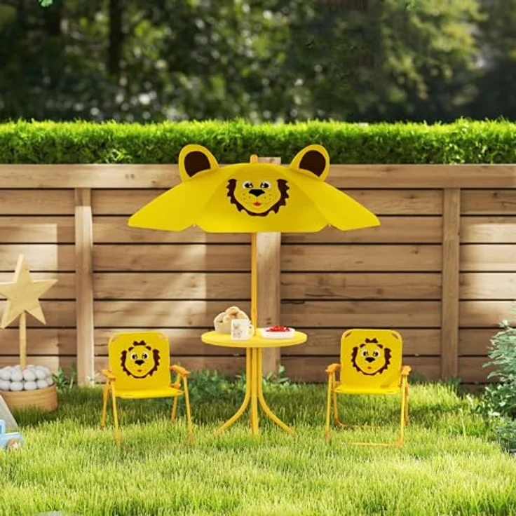 AIYAPLAY Garten-Kindersitzgruppe Kindersitzgarnitur mit höhenverstellbarem Sonnenschirm, (Gartentisch, 2 Klappstühle, 4-tlg, Löwen-Design für 2-5 Jahre Kinder), Gelb – Bild 10
