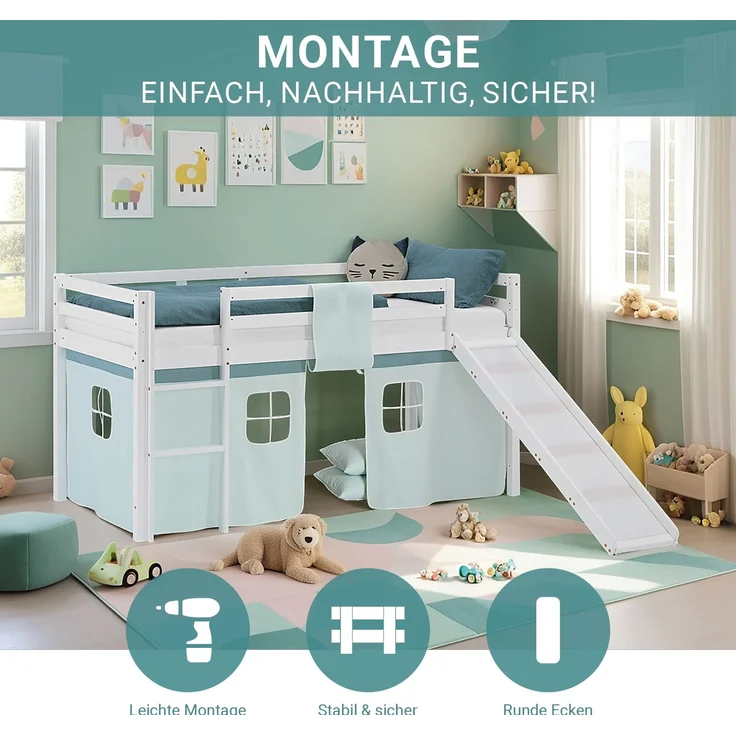 Hochbett Kinder 90x200 cm mit Rutsche Kinderbett Kinderhochbett Stockbett Vorhang Grün Mintgrün Leiter Holz Massiv – Bild 6