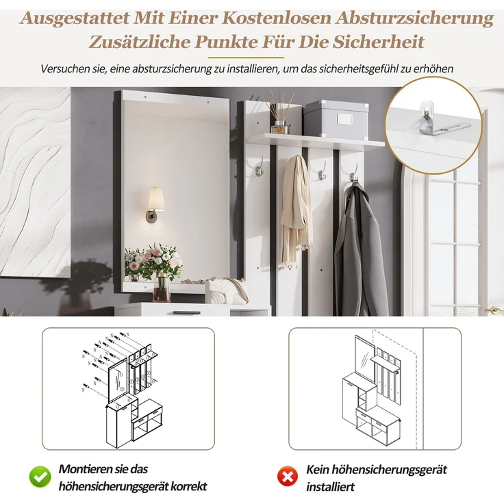 Garderobe im Flur,Garderobenständer für den Eingangsbereich, inklusive Schuhschrank, Spiegel und Kleiderhaken, Kompaktgarderobe mit 2 Schubladen,für Flur Eingangsbereich, Weiß,120x35x175.5cm – Bild 6