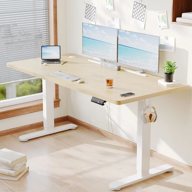 Elektrisch höhenverstellbarer Schreibtisch, Memory-Funktion, USB-Anschluss, Kabelmanagement, Holzwerkstoff / Metall, Beige, 160 x 80 cm, Höhe 72-118 cm – Bild 1