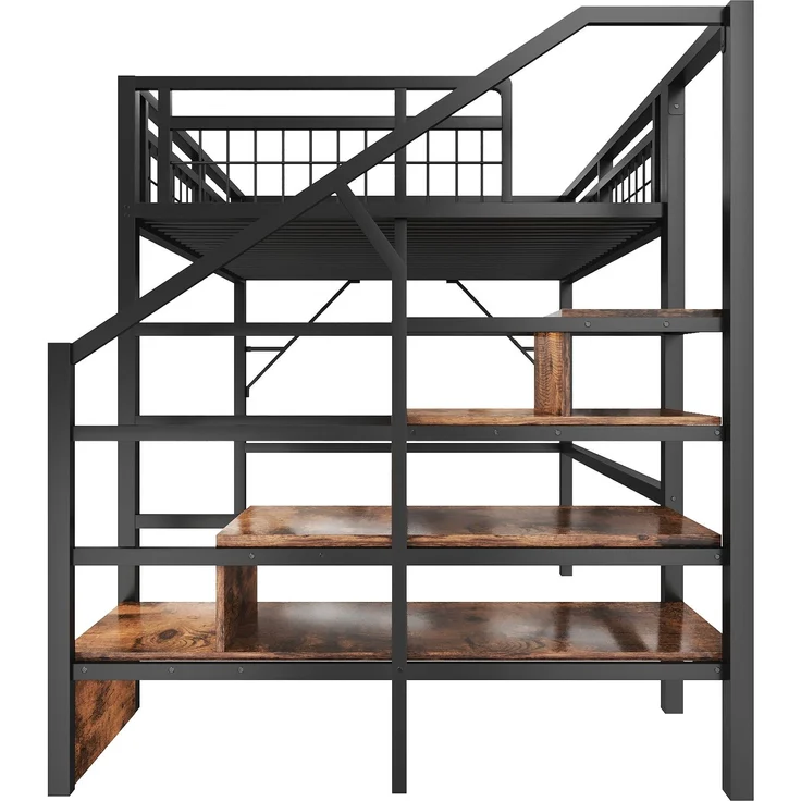Hochbett, 140 x 200 cm, Eisenrahmen, mit LED-Lichtleiste, Treppenkonstruktionen mit Stauraum, Freier Raum zum Verkleiden nach, Ohne Matratze, Schwarz – Bild 10