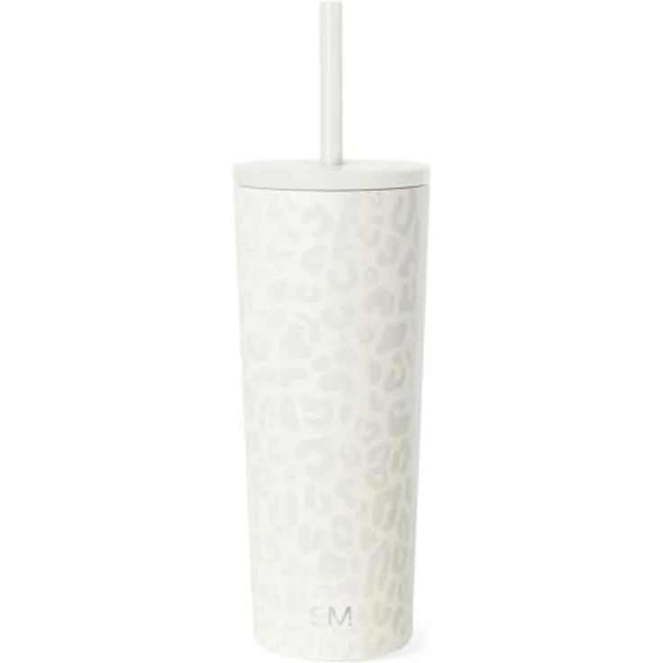 Simple Modern Thermobecher mit Strohhalm und Deckel | Trinkbecher mit Henkel Wiederverwendbare Edelstahl | Geschenke für Frauen und Männer | Classic | 710ml | Cream Leopard – Bild 1