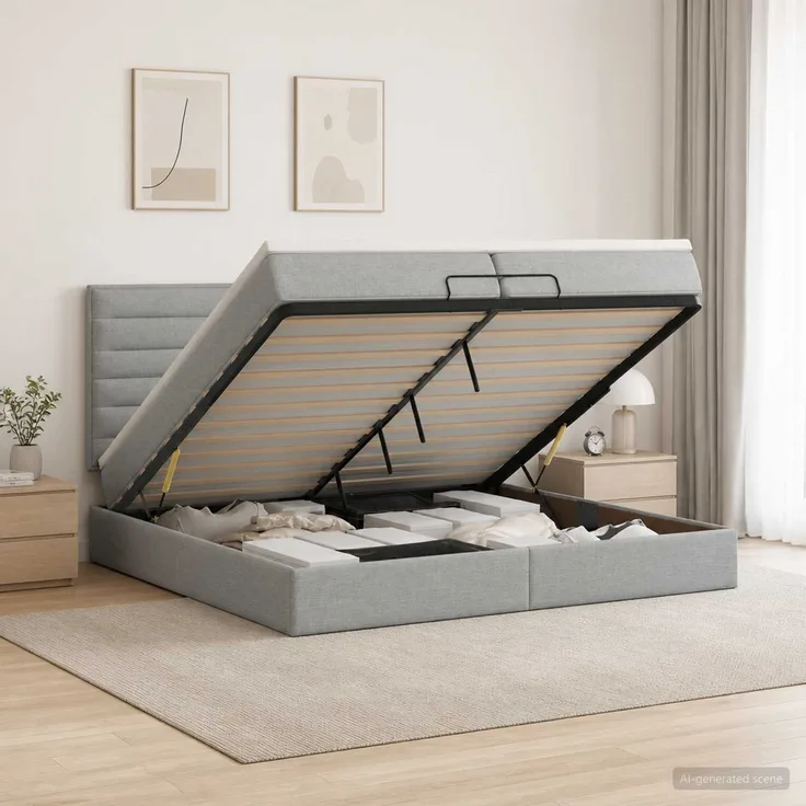 vidaXL Ottoman-Bett mit Matratze und LED Hellgrau 200 x 200 cm Stoff 3458014