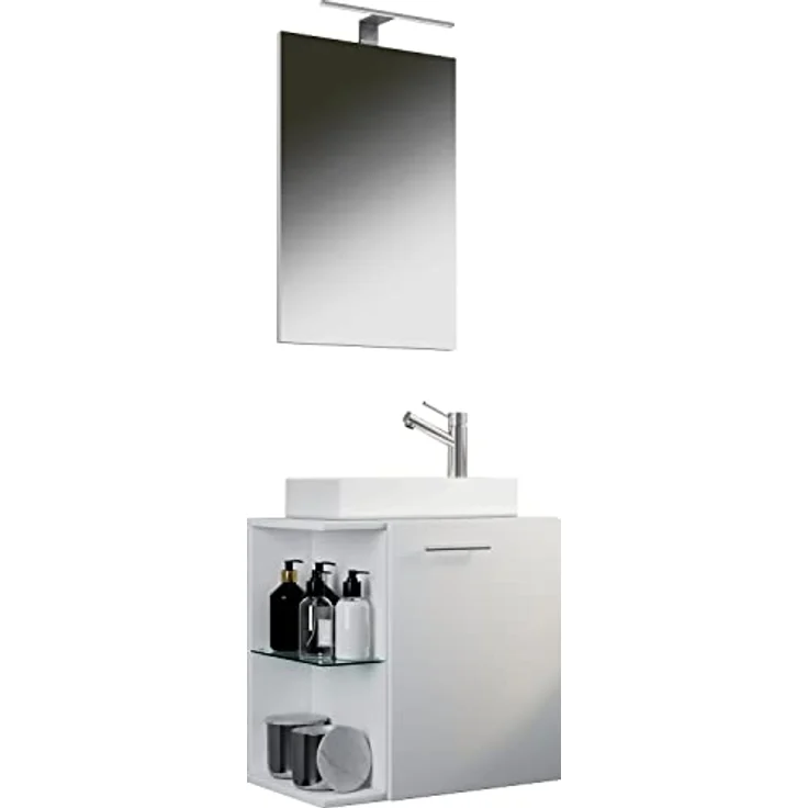 VCM Waschplatz "Hausa", Badmöbelset 3 tlg. für Gäste WC, inkl. Waschbeckenunterschrank und Spiegel aus ESG-Sicherheitsglas, weiß – Bild 1