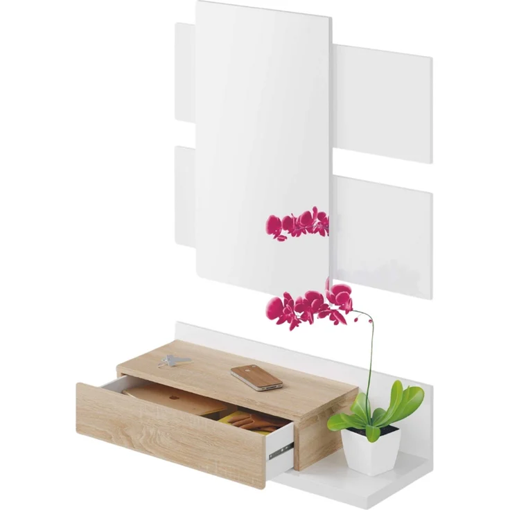 Flur mit Schublade und Spiegel, Eingangsmöbel, Modell Tekkan, Ausführung in Artik White und kanadischer Eiche, Maße: 75 cm (Breite) x 116 cm (Höhe) x 29 cm (Tiefe) – Bild 5