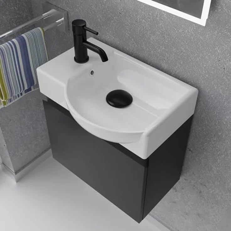 Alpenberger Badmöbel-Set - Gäste WC Waschbecken mit Unterschrank 45 cm Breit, (Badschrank 2-tlg, Waschtisch hängend), Waschbeckenunterschrank mit Softclose - Schwarz - Rechts Becken – Bild 4