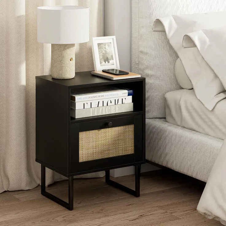 Nachttisch Rattan Boho Bauernholz Schublade Regal Beistelltisch Schwarz