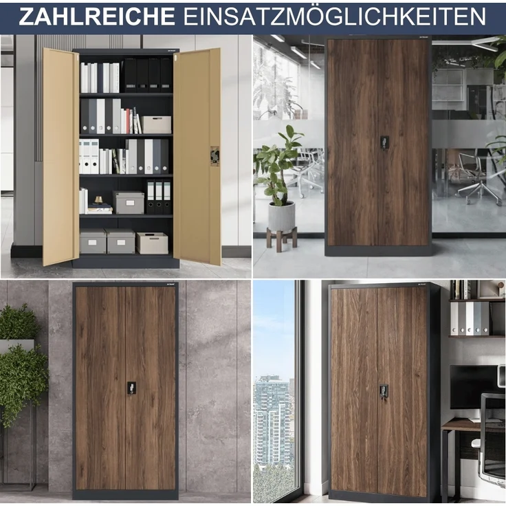Aktenschrank abschließbar KADO - 5 Ebenen verstellbar, Flügeltüren | Metallschrank Werkstatt Mehrzweckschrank Büroschrank aus Stahl Werkzeugschrank, 185x90x40cm Anthrazit-Nussbaum – Bild 6