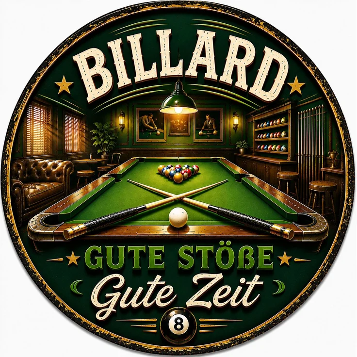 AstraDesign Blechschild Rund 30cm - Billard Gute Stöße Gute Zeit Retro Deko – Metall – Mehrfarbig – RD0012 – Bild 1