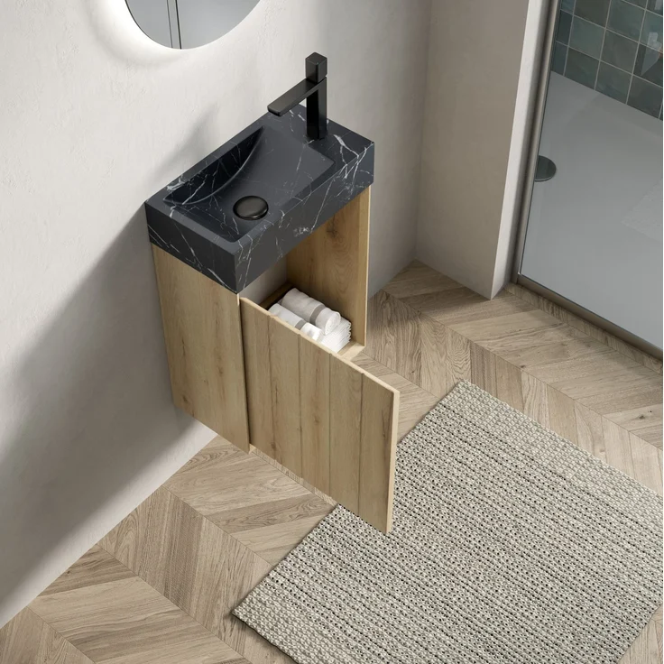 Wandwaschtisch 40 cm mit Naturmarmorbecken und Unterschrank in Weiß-Eiche-Optik – Bild 5