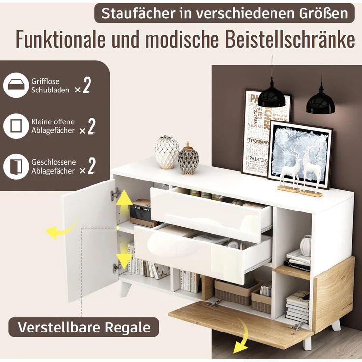 DESVIAE Sideboard mit 2 Schubladen und Klapptür, 130x70x40 cm, Spanplatte, Weiß Hochglanz/Helle Eiche – Bild 5