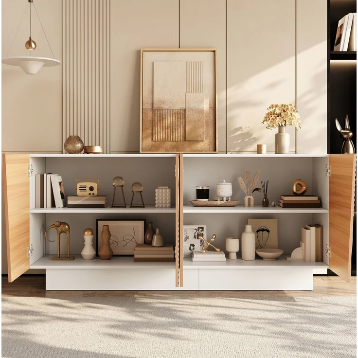 Sideboard aus MDF und PB mit 4 Türen, Rillenstruktur und höhenverstellbaren Einlegeböden, 160x40,5x72 cm, Natur/Weiß – Bild 3