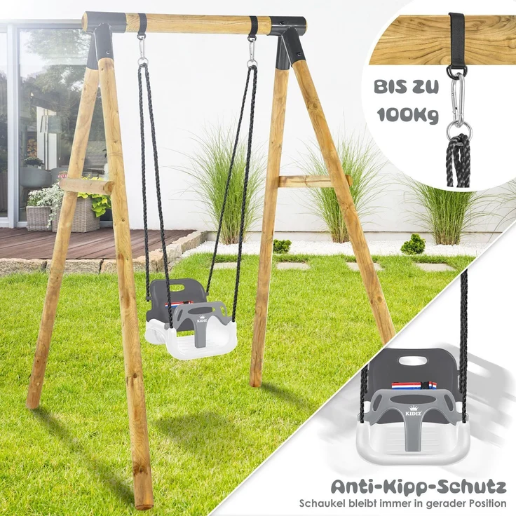 KIDIZ® Babyschaukel, Mitwachsend, mit Rückenlehne und Anschnallgurt, belastbar bis 100kg, Kunststoff Anthrazit, 33 x 24,3 x 35 cm – Bild 8