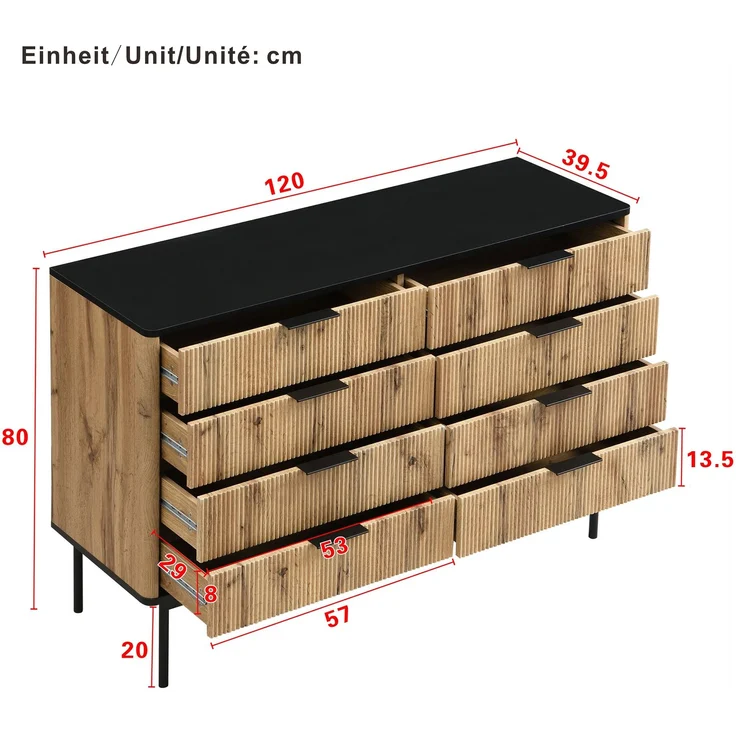 Merax Sideboards, Schränke, Lagerschränke, Kommode, geeignet für Wohnzimmer/Esszimmer/Eingang, 120 x 39,5 x 80cm (B/H/T) Natur und Schwarz – Bild 4