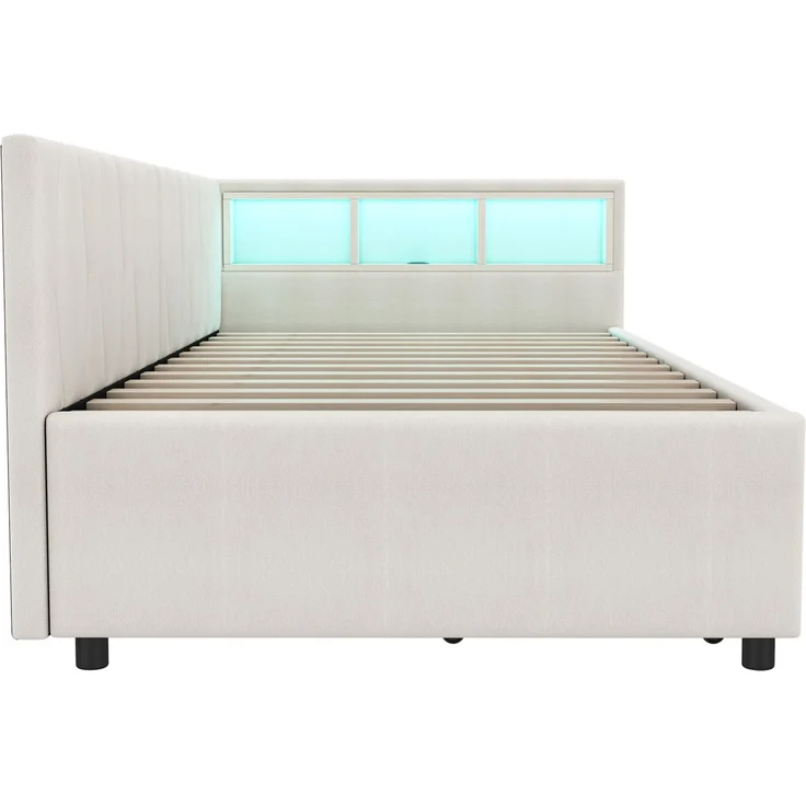 Merax Daybett, 90*200cm, Tagesbett, Schlafsofa, Ablagefach am Bett, USB+Typ C, Fernbedienung für LED-Umgebungslicht, Bett mit zwei Schubladen, Bett mit Lattenrost (ohne Matratze), Leinen, Beige – Bild 8