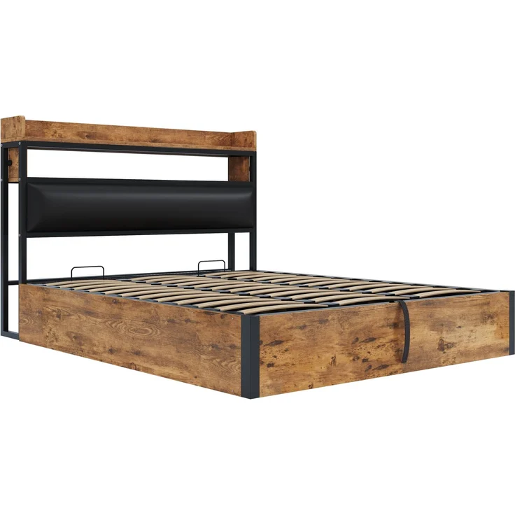 Bettrahmen 180 x 200 mit hydraulischer Hebevorrichtung, USB, gepolstertem Kopfteil, Vintage-Design aus Holz und Metall, verstecktem Stauraum Doppelbett Moderne Schlafzimmermöbel Schwarz – Bild 10