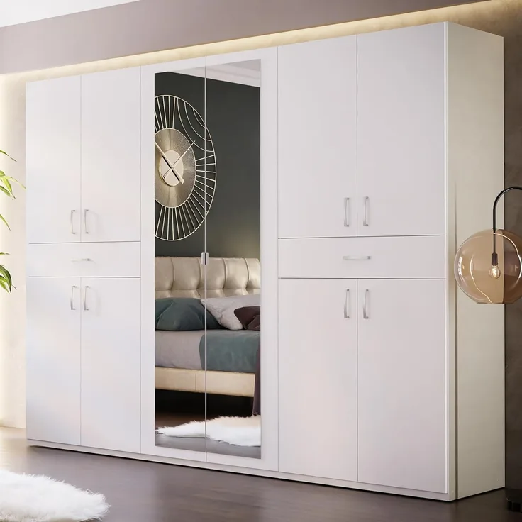 Forte Serenade Kleiderschrank 270, moderner Drehtürenschrank, 10-türig, 2 Schubladen, Kleiderstangen, Einlegeböden, Spiegel, Holzwerkstoff, Weiß, 269,7 cm breit x 210,5 cm hoch x 54 cm tief