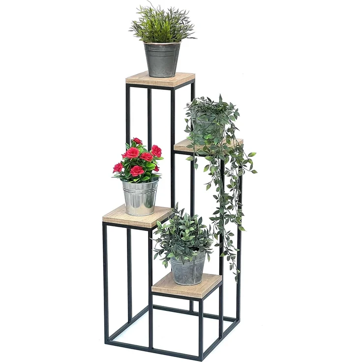 DanDiBo Blumentreppe Metall Schwarz Holz 90 cm Pflanzentreppe Blumenständer 96349 Blumensäule Modern Pflanzenständer Blumenhocker – Bild 1