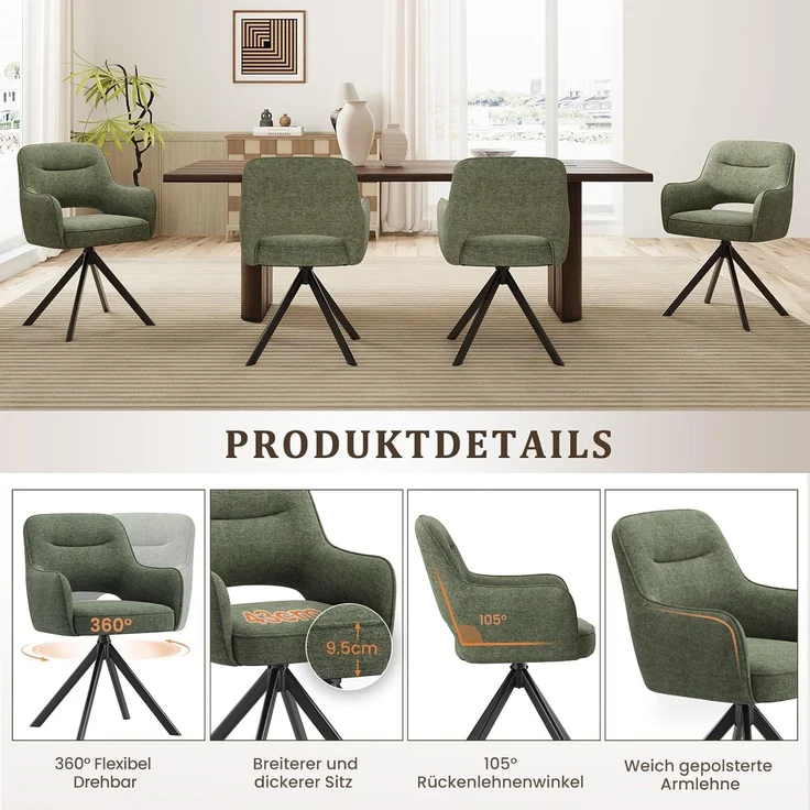 COLAMY Drehbare Esszimmerstühle 6er Set mit Armlehnen, Drehbare Polsterstühle für Küche & Esszimmer aus weichem Florstoff mit Metallgestell und Rückenlehne, für Esszimmer, Küche, Büro,Grün – Bild 8