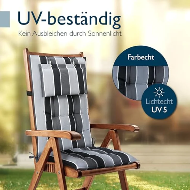 Beautissu Hochlehnerauflage 2er Set Sun-HL, 120x50x8cm, anthrazit-gestreift, mit Kopfpolster, rutschfest & robust, UV 5, Befestigungsbänder – Bild 7