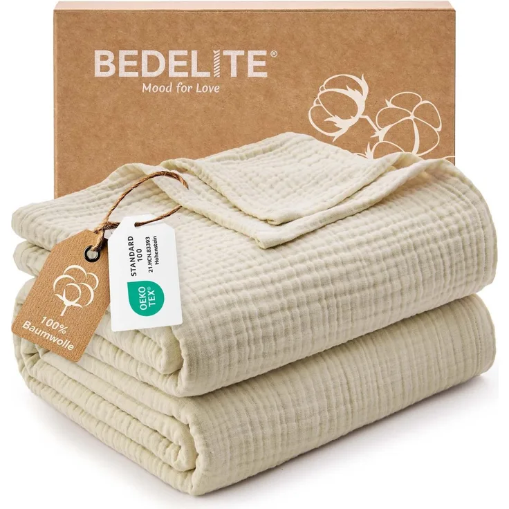 BEDELITE Musselin Decke 230x230 cm Erwachsene Tagesdecke Baumwolle, Beige