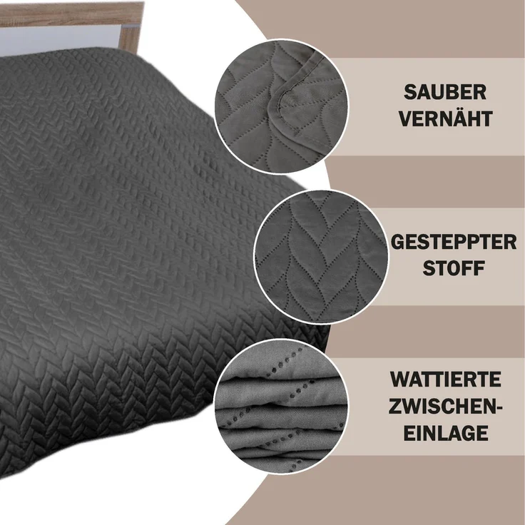Tagesdecke XXL (220x240 cm) mit wattierter Zwischenlage (Anthrazit) Bettüberwurf - ÖKO-Tex 100, Sommerdecke gesteppt - Steppdecke, Wendedecke – Bild 4