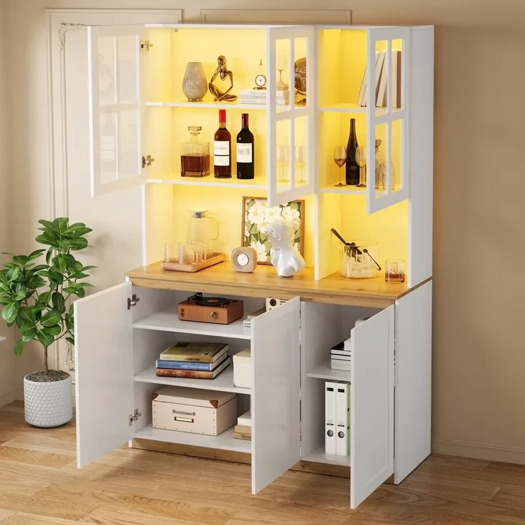 Vitrinenschrank 200x120x38 cm mit App-gesteuerter LED-Beleuchtung, Weiß-Eiche