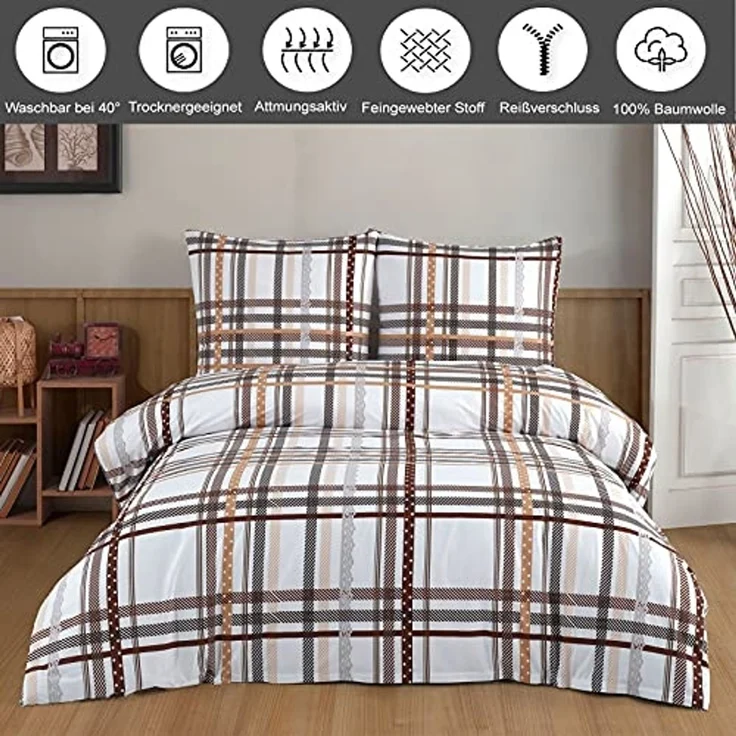 Buymax Bettwäsche Bettbezug-Set, Renforce: 100% Baumwolle, 3 teilig, 200x220 cm, mit Reißverschluss, Sterne Muster, Weiß Rot – Bild 2