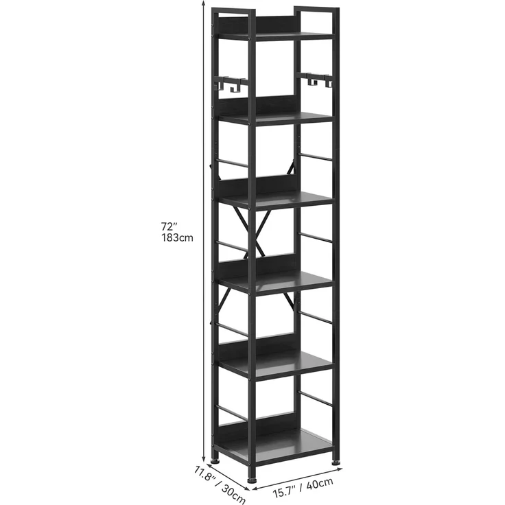 YITAHOME Bücherregal mit 6 Ebenen, Industrielles Standregal, Metallrahmen und Holzregale, Hohes Lagerregal mit 4 Haken, Präsentationsorganizer, für Wohnzimmer, Heimbüro, Schwarz Regal – Bild 4
