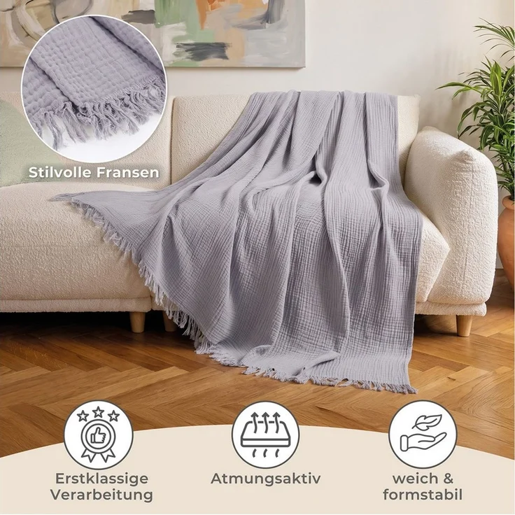 Laynenburg Tagesdecke Musselin mit Fransen aus 100% Baumwolle – Baumwolldecke, Wohndecke als Sommerdecke, Bett-Überwurf, Sofa-Decke, Kuscheldecke – Bild 3
