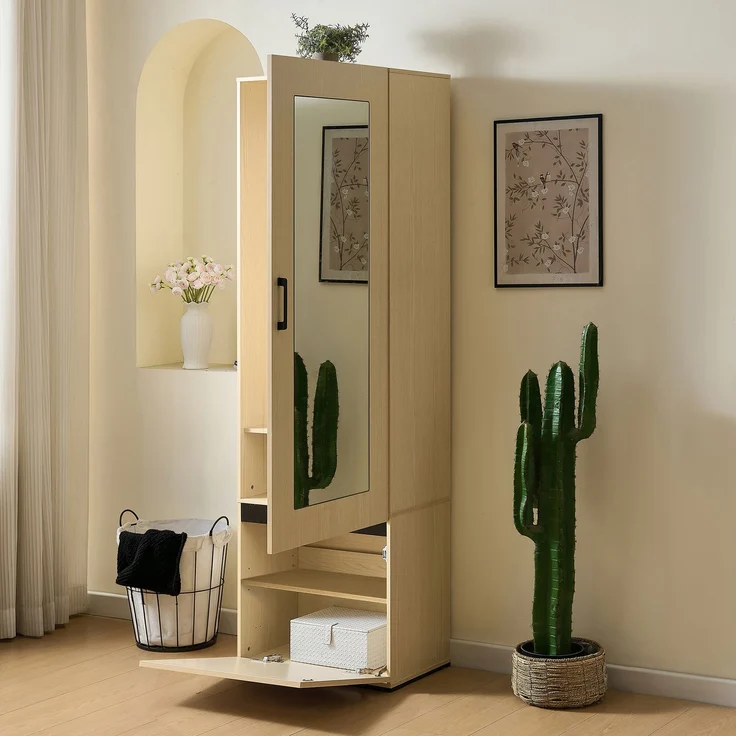 Schmaler Garderobenschrank mit Spiegel und ausziehbarer Kleiderstange – Moderner Flurschrank, platzsparender Garderobenschrank für Flur, Schlafzimmer und Wohnung.[OLD SKU: GL3812N]--Holz--54x34.5x179.5cm--YOUDENOVA – Bild 4