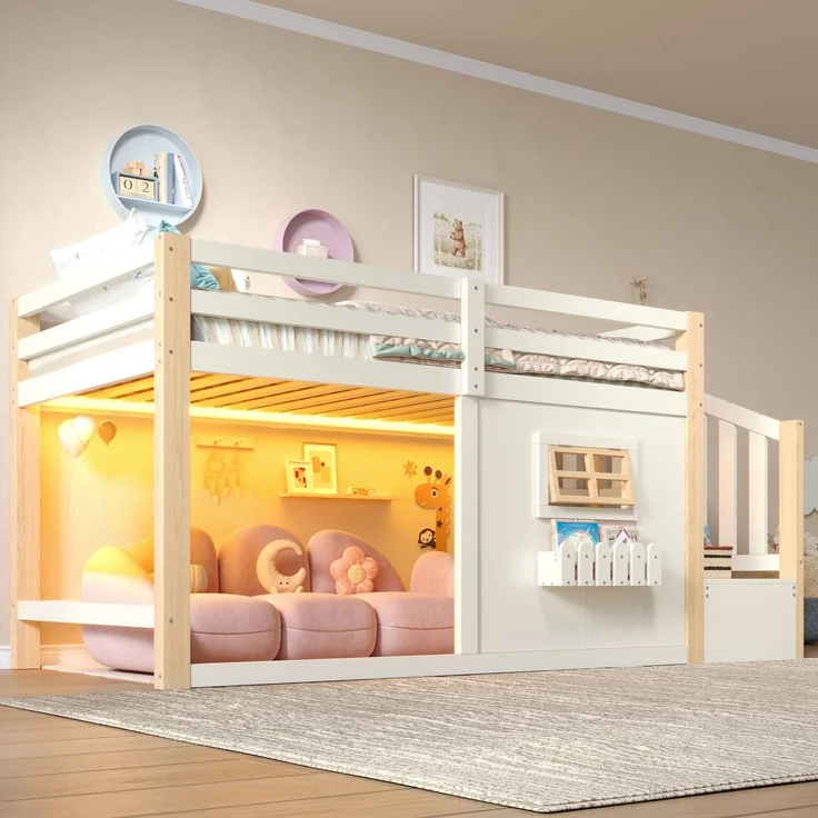 Merax Kinderbett, Hochbett, 90 x 200 cm, Kiefernholz, Fenster, Aufbewahrungsleiter, LED-Lichtleiste, Ohne Matratze, Natur + Weiß – Bild 3