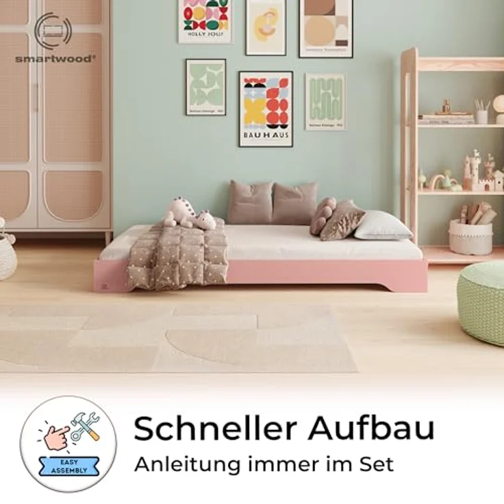 smartwood Kinderbett 120x200 Rosa - Bodenbett aus Kiefernholz mit FSC-Zertifikat - Montessori Bett mit geradem Lattenrost bis zu 300 kg für Jungen und Mädchen - Einfache Montage - TILA 7 – Bild 4