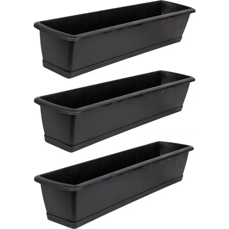 BigDean 3er Set Blumenkasten mit Untersetzer 60 cm lang anthrazit - aus PP-Kunststoff - Balkon Pflanzkasten schmal Balkonkasten