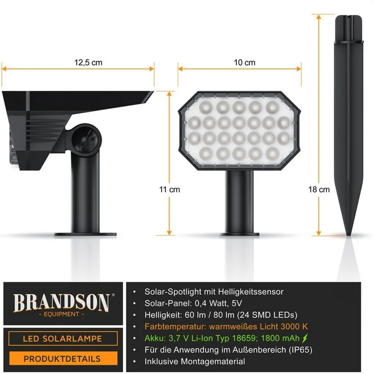 Brandson LED Gartenstrahler Solar Erdspießleuchte, Akku Gartenleuchte, Solarspotlight Wandmontage, Ein-/Ausschalter, mehrere Helligkeitsstufen, LED fest integriert, Warmweiß, Solarstrahler 80 Lumen, Solarleuchte warnweiß, für Garten, Balkon IP65 – Bild 1