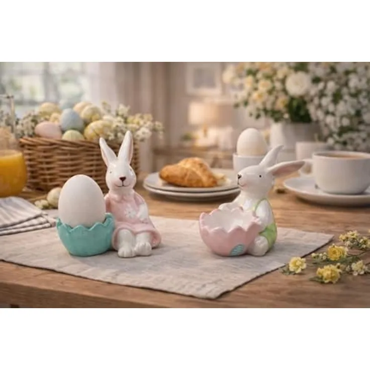 formano Eierbecher 2er Set Osterhase mit Eierbecher 10 cm Steingut Ostern Eier, 2er Set Osterhase mit Eierbecher 10 cm Steingut handbemalt