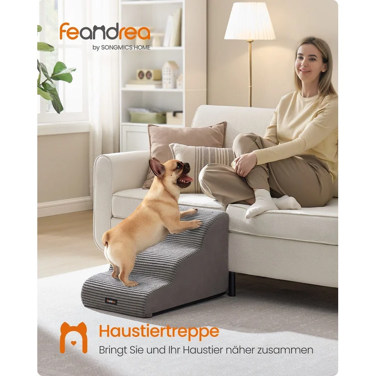 Feandrea Hundetreppe, 3 Stufen, Haustiertreppe, für kleine Hunde, Bett, Sofa, wasserdichte Katzentreppe, rutschfest, gringe Neigung, abnehmbarer waschbarer Bezug, Griff, taubengrau PPSDE003G01 – Bild 2