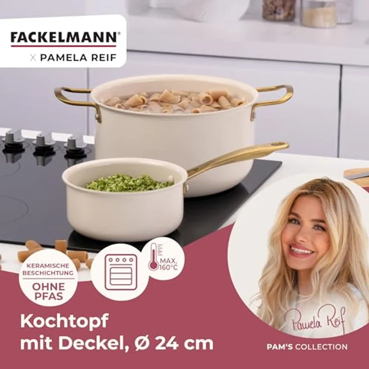 Fackelmann x Pamela Reif Kochtopf 24 cm mit Deckel, recyceltes Aluminium, PFAS-freie Keramikbeschichtung, pastell-beige, Induktion geeignet – Bild 2