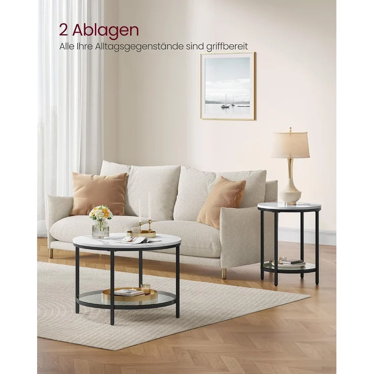 Vasagle Couchtisch mit Glasplatte, Holz / Stahl, Marmorweiß-Tintenschwarz, Ø 65x46 cm – Bild 4