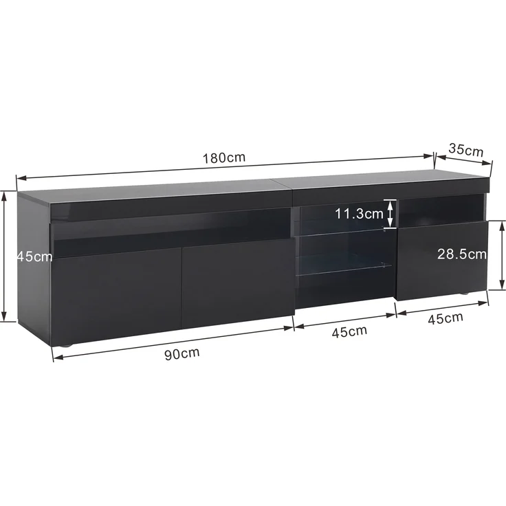 TV-Schrank, MDF mit Hochglanzfront & LED-Beleuchtung, 180x35x48 cm, Schwarz – Bild 5